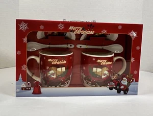 Christmas Santa 2 Cups 2 Saucers 2 Ceramic Spoons New In Box - Picture 1 of 3