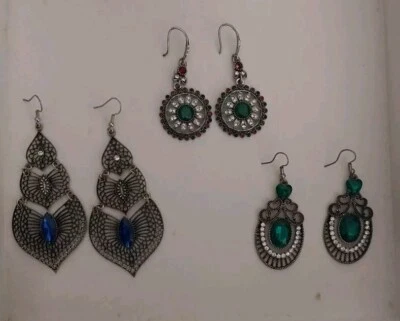 3 Paia Orecchini Lunghi Donna Filigrana Argento Indiano Blu Verdi Turchesi - Immagine 1 di 4