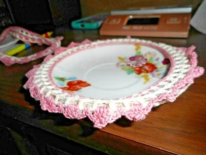 SAUCER FLORAL W HANDMADE CROCHET COVER OCCUPIED JAPAN MARKED BEAUTIFUL - Picture 1 of 12