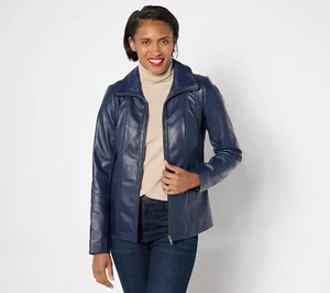 NEW Denim & Co. M Real Lamb Leather Zip Front Jacket with Pockets Navy QVC 2445 - Picture 1 of 7