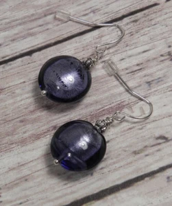 Foil Glass Puffed Disk Pierced Earrings Fish Hook Handmade Purple Silver New - Picture 1 of 3