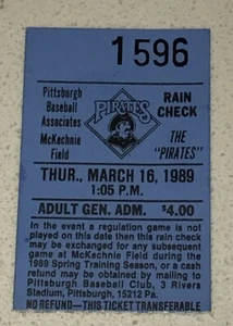 Pirates McKechnie Spring Training Game Used Rain Check MLB Ticket Stub 1989 - Bild 1 von 2