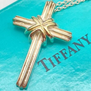 Tiffany & Co. Signature Kreuz Anhänger Halskette 18" 925 750 Silber Gold 6,4 g - Bild 1 von 20