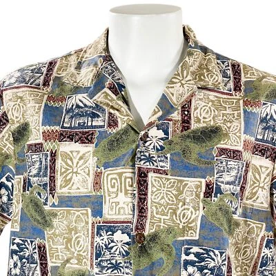 Camisa havaiana Royal Hawaiian Creations XL tribal hibisco tartarugas marinhas azul bronzeado - Imagem 1 de 4