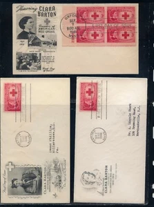 US  Red  Cross  Clara  Barton 3 different cachet covers 1948, one is plate block - Picture 1 of 1