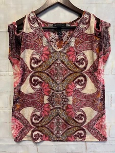 INC International Concepts Blouse Womens S Multicolor Paisley V-Neck Rhinestones - Picture 1 of 10