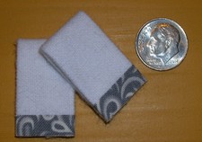 2 Miniature Dollhouse White Bath TOWELS #7012 GRAY & WHITE Trim 1:12 Scale