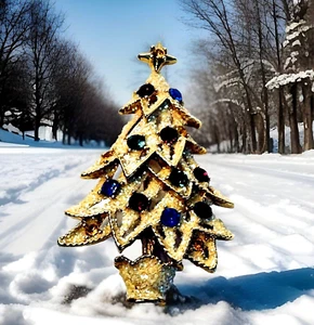 EISENBERG ICE Christmas Tree Brooch VTG White Flocked Gold Tone Crystal Pin 2” - Picture 1 of 11