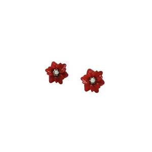 Women Simple Red Flower Earrings Stud Silver Rhinestone Fashion Jewelry - Picture 1 of 1