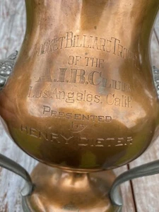 Trofeo de billar antiguo original de 1912 raro Los Angeles AIB Club - Imagen 1 de 8