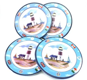 Nautical Breeze Melamine Ware Lighthouse SALAD PLATE Set of 4 Boats Flags - Picture 1 of 10