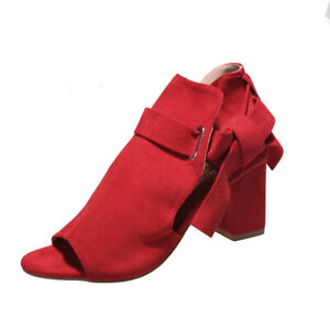 New Womens Suede Bowknot Block Mid Heel Casual Sandals Solid Peep Open Toe Shoes