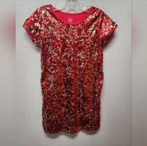 Wonder Nation rotes Paillettenkleid Große 10 - 12 Mädchen Kurzarm C3 - Bild 1 von 3