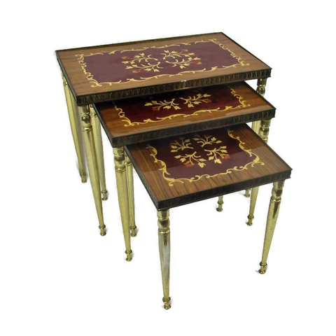 set of 3 Vintage Nesting Stacking Coffee Side Tables Brass Marquetry Cover
