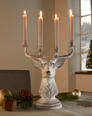 Kerzenständer Hirschkopf für 4 Tafelkerzen Grau Weiß Deko Herbst Winter H. 32 cm - Bild 1 von 4