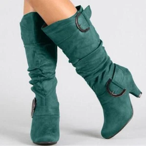 Women's Faux Suede Round Toe Buckle Strap Block Heel Mid Calf Boots Shoes SUNS - Picture 1 of 15
