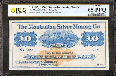 1870s $10 DOLLAR SILVER MINING NEVADA LARGE CURRENCY REMAINDER NOTE PCGS 65 PPQ - Image 1 of 2