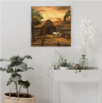 Vintage Farmhouse Country Christmas Holiday Barn Horses Canvas Print  16 x 16  - Image 1 of 3