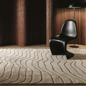 Beige Wool Rug 7x9 Hand Tufted Modern Wave Geometric Area Carpet for Living Room - Picture 1 of 8