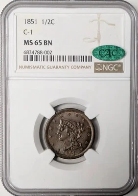 1851 Half Cent 1/2c NGC MS-65 BN CAC C-1 - Image 1 of 2