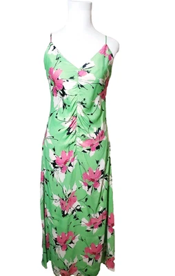 Warehouse Slip Dress Womens 6 Spaghetti Strap Satin Green Floral Midi Ruched - Image 1 of 4
