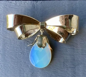 Vintage Sterling Schleife Brosche Anstecknadel mit facettiertem Opalit Stein goldfarben 2,5" x 3" - Bild 1 von 4