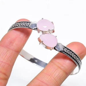 Rose Quartz Gemstone 925 Sterling silver Jewelry Cuff Bracelet Adjustable - Picture 1 of 1