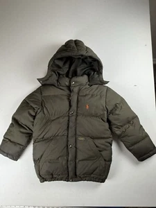 Vtg Polo Ralph Lauren Puffer Jacket YOUTH Sz 7 Full Zip Hood Olive Green Down - Picture 1 of 8