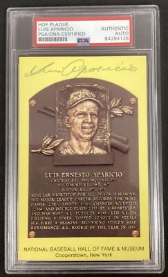 Luis Aparicio Signed Gold Plaque HOF Postcard Yellow Orioles Autograph PSA/DNA 1 - Image 1 of 3