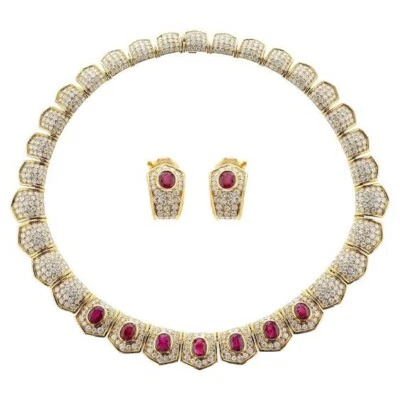 Conjunto de bisel ovalado laboratorio rubí anillo pendientes y collar plata fina 925 joya Art Deco Foto 1 de 4