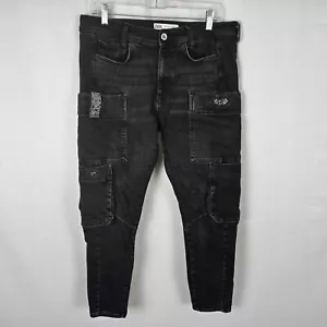 Zara Cargo Denim Uomo 34x27 Nero Anticato Patchwork Conico - Foto 1 di 15