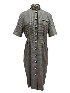 Vintage 90s Midi Dress Green White Gingham Sheath Pearl Buttons Short Sleeve 8 - Picture 1 of 16