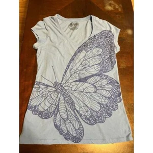 Stranded T Shirt Women's XXL 2XL blue butterfly Graphic Deep V-Neck Casual Tee - Picture 1 of 6