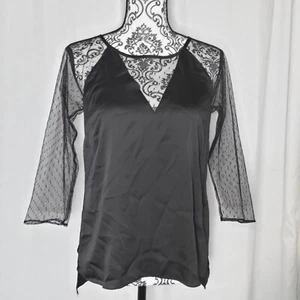 Small Semi-Sheer Black Lace Three-Quarter Sleeve Sexy Blouse With Faux V-Neck - Picture 1 of 9