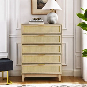 Bedroom 5 drawer dresser,rattan dresser modern wooden chest of drawers w/spaciou - Picture 1 of 12