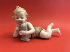 Vintage Porzellan Klavier Baby Kind mit Scottie Hund Biskuit deutsche Figur viktorianisch - Bild 1 von 10