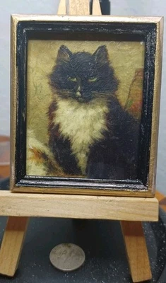 Artisan Signed Vintage Dollhouse Painting Portrait Of Black & White Tuxedo Cat - Image 1 of 4