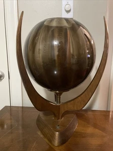 VINTAGE MCM 1960's DANISH TEAK SMOKED GLASS GLOBE TABLETOP LAMP - Picture 1 of 11