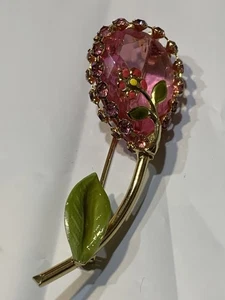 Vtg Signed Kramer Pink Crystal Flower Pin Enamel Detail 2.25”L - Picture 1 of 6