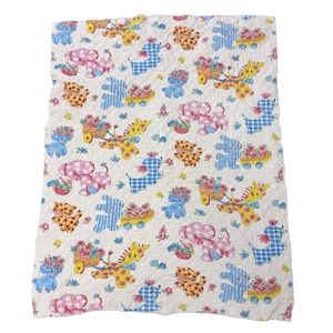 Vintage Retro Baby Decke weiß rosa blau gelb Tiere Pudel Hund Krippe Decke - Bild 1 von 6