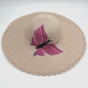 Handwerklicher handbemalter magenta rosa Schmetterling 18" Krempe auf hellrosa Papier gewebter Hut - Bild 1 von 7