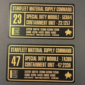• STAR TREK • GOLD FOIL STARFLEET CONTAINMENT UNIT PROP REPLICA LABEL DECALS • - Picture 1 of 3