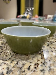 Anchor Hocking Fire King Round White Milk Green Glass Round Cereal Bowl (4) - Picture 1 of 10