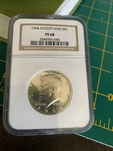 1964 Accent Hair Kennedy Half Dollar NGC PF68 - Picture 1 of 4