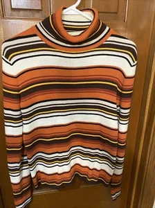 Vintage Y2K 90s Grunge Preppy Retro orange cream,GoldStriped Turtleneck SweaterL - Bild 1 von 5