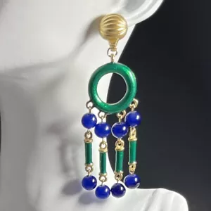 Bohemian Chandelier Earrings Gold Tone Blue Green Glass Beaded Gypsy Peacock - Picture 1 of 10
