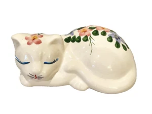 Ceramic Sleeping Cat Figurine Hand Painted White Floral Flowers Kitty Kitten 5X8 - Picture 1 of 10