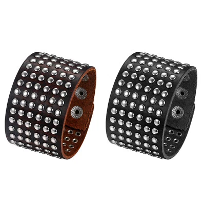 Punk Rock Wide Leather Snap Button Rivet Men's Bracelet Wristband Halloween Gift - Image 1 of 2