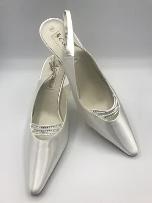 Coloriffics Divine Women's White Satin Dyeable Shoes Slingback Heel Rhinestones - Image 1 of 4