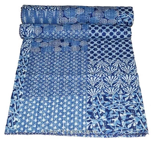 Indigo Double Kantha Quilt Indian Cotton Blanket Block Print Bed Cover Barmier - Picture 1 of 2